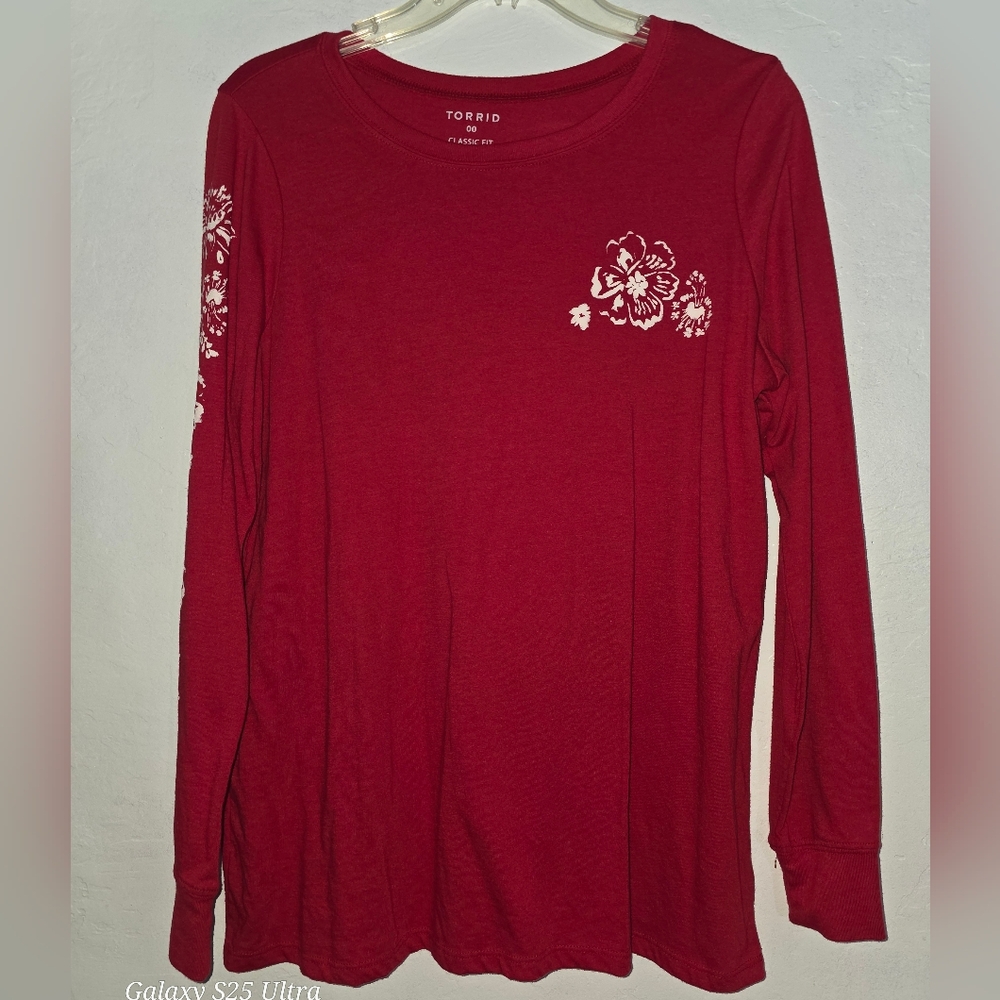 Torrid Red Long Sleeve Tee with Floral Design